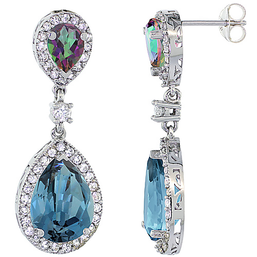 14K WHITE GOLD NATURAL LONDON BLUE & MYSTIC TOPAZES TEARDROP EARRINGS WHITE SAPPHIRE & DIAMOND