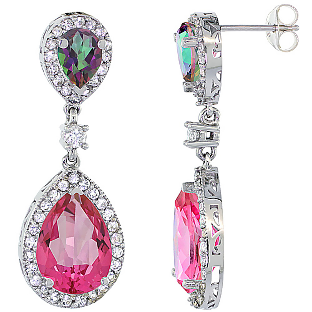 10K White Gold Natural Pink &amp; Mystic Topazes Teardrop Earrings White Sapphire &amp; Diamond