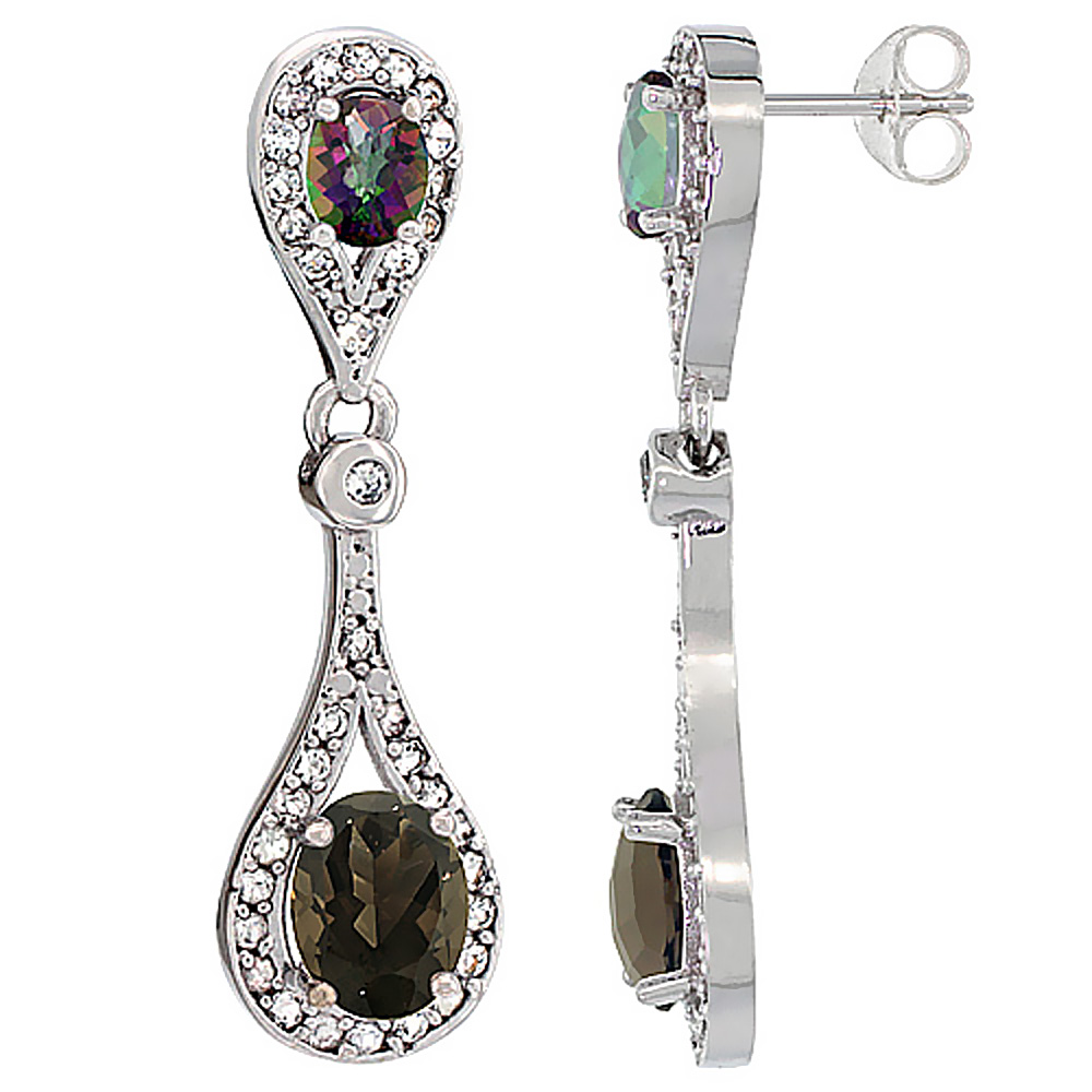 14K WHITE GOLD NATURAL SMOKY TOPAZ & MYSTIC TOPAZ OVAL DANGLING EARRINGS WHITE SAPPHIRE & DIAMOND ACCENTS, 1 3/8 INCHES LONG