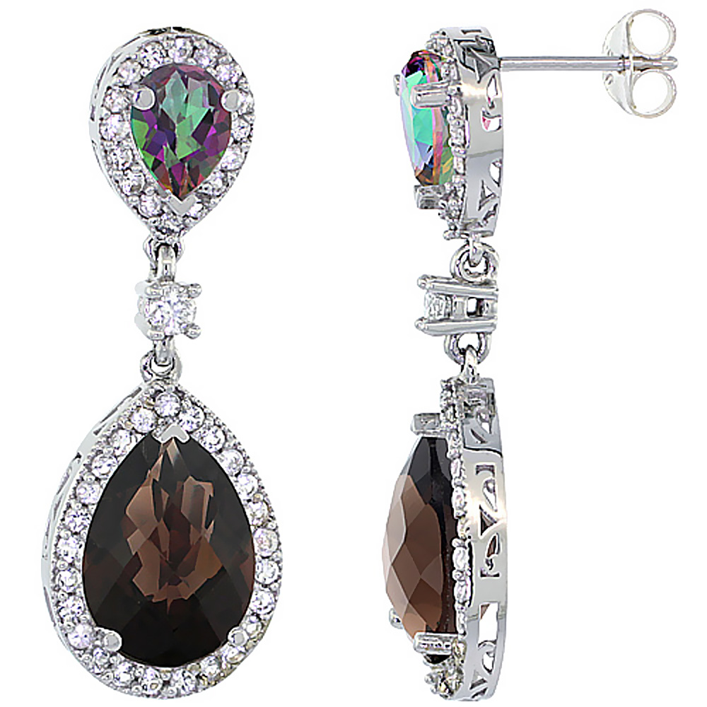 10K White Gold Natural Smoky & Mystic Topazes Teardrop Earrings White Sapphire & Diamond