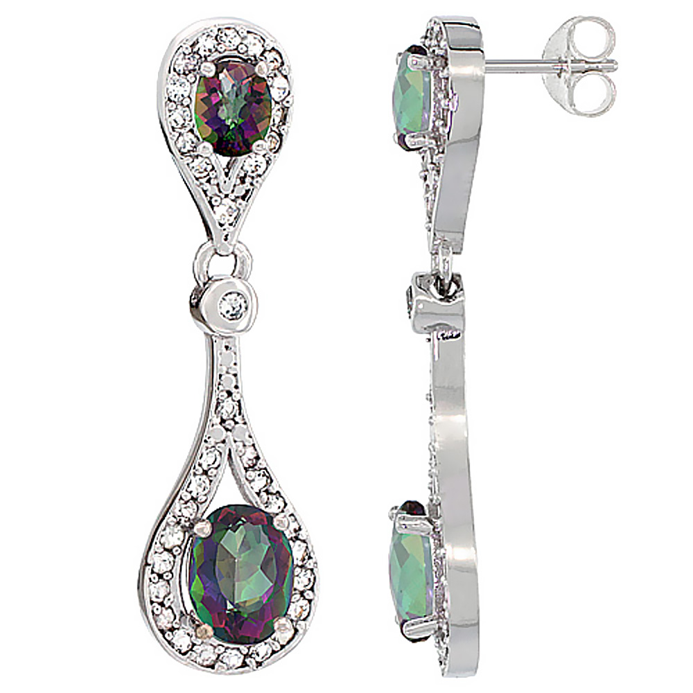 14K WHITE GOLD NATURAL MYSTIC TOPAZ OVAL DANGLING EARRINGS WHITE SAPPHIRE & DIAMOND ACCENTS, 1 3/8 INCHES LONG