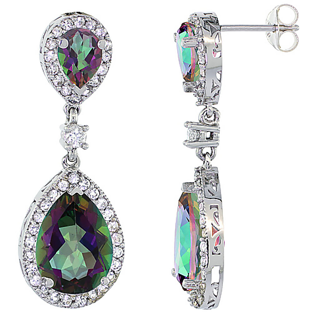 14K WHITE GOLD NATURAL MYSTIC TOPAZ TEARDROP EARRINGS WHITE SAPPHIRE & DIAMOND