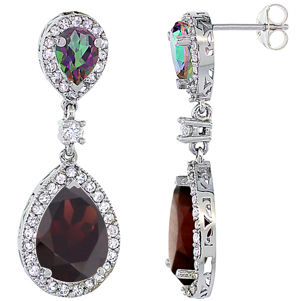 14K WHITE GOLD NATURAL GARNET & MYSTIC TOPAZ TEARDROP EARRINGS WHITE SAPPHIRE & DIAMOND