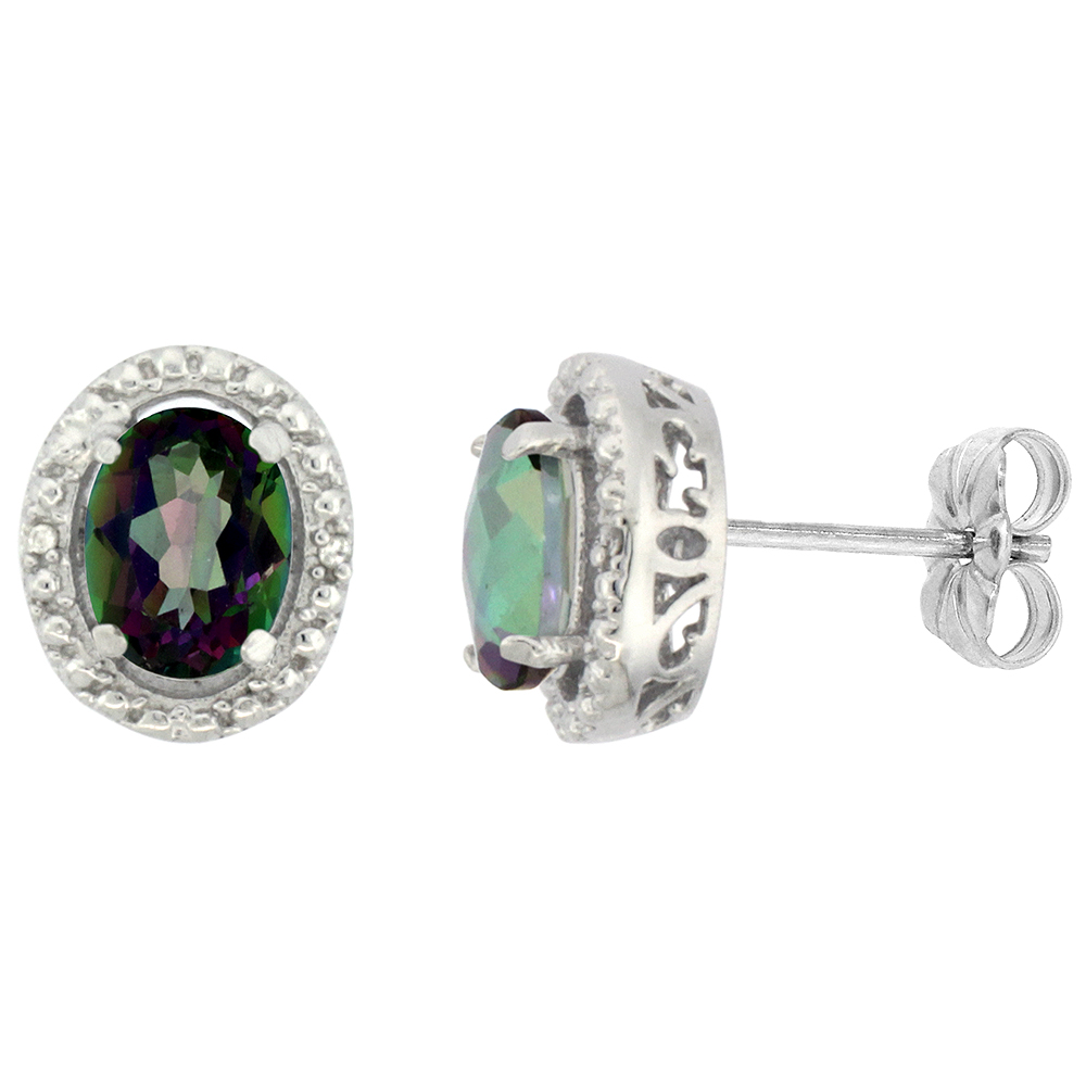 10K White Gold 0.01 cttw Diamond Natural Mystic Topaz Post Earrings Oval 7x5 mm