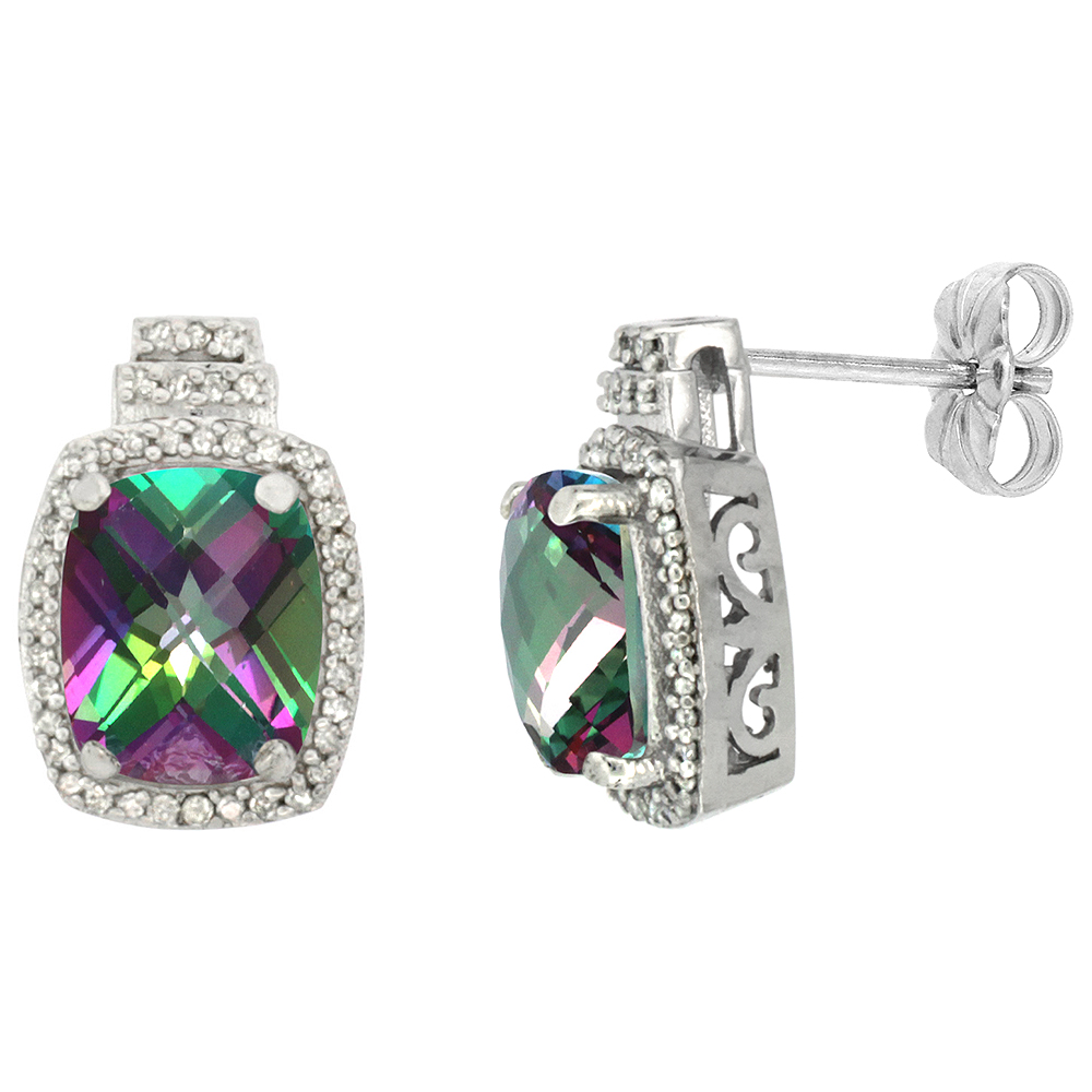 10K WHITE GOLD 0.29 CTTW DIAMOND NATURAL MYSTIC TOPAZ EARRINGS OCTAGON CUSHION 8X6 MM
