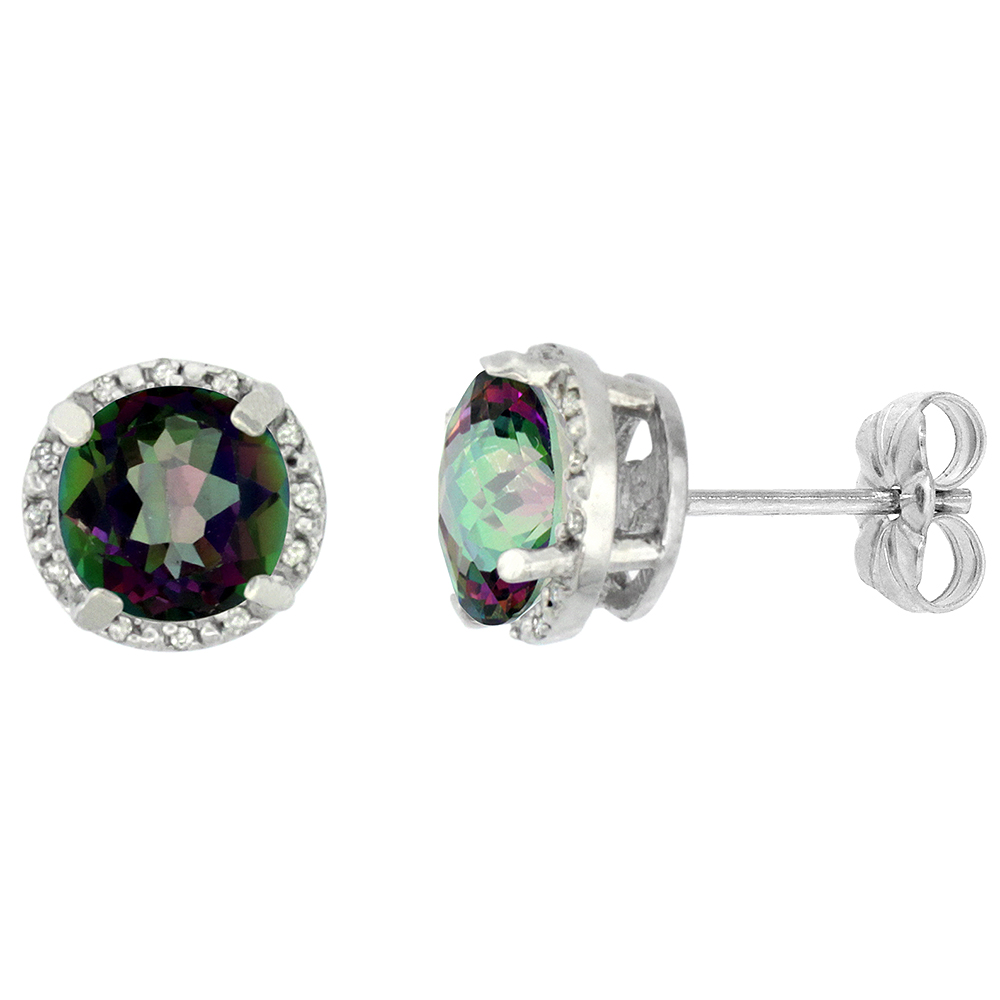 10K WHITE GOLD 0.06 CTTW DIAMOND NATURAL MYSTIC TOPAZ EARRINGS ROUND 7X7 MM