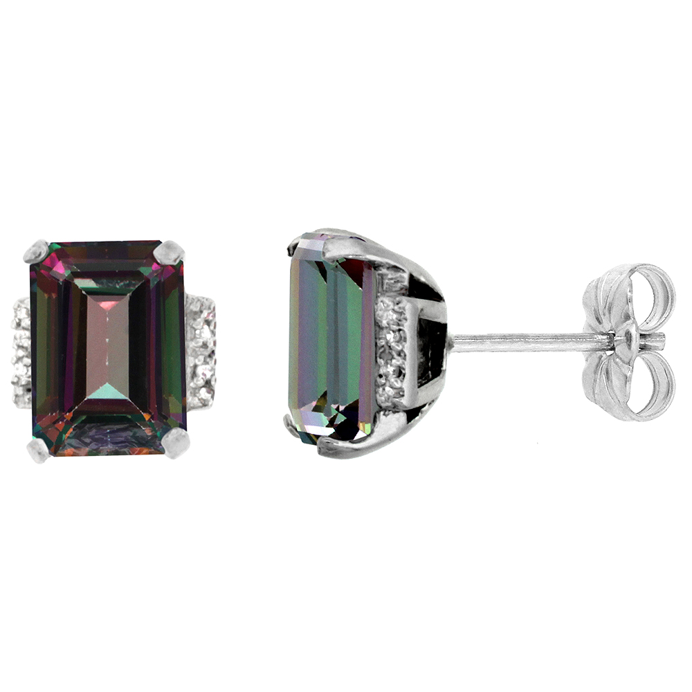 10K WHITE GOLD 0.02 CTTW DIAMOND NATURAL MYSTIC TOPAZ EARRINGS OCTAGON 8X6 MM