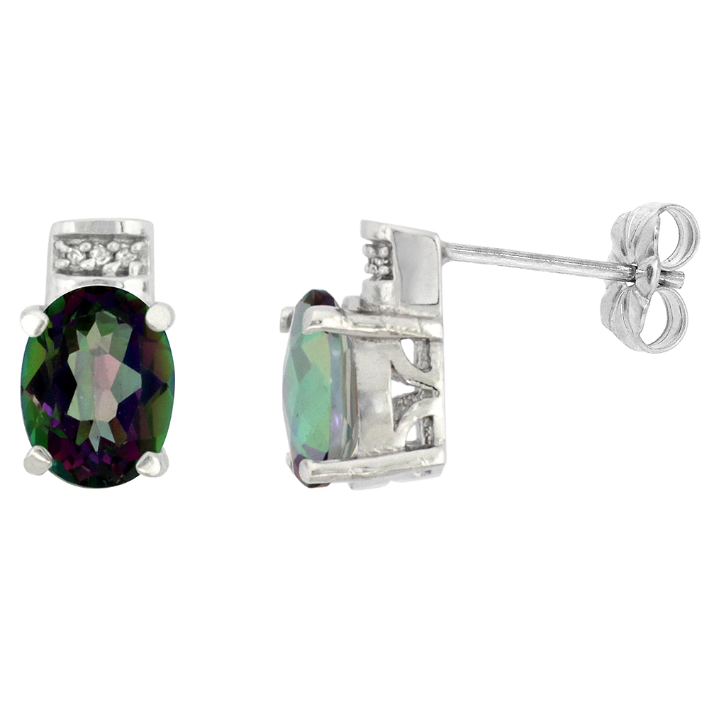 10K White Gold Diamond Natural Mystic Topaz Earrings Oval 8x6 mm