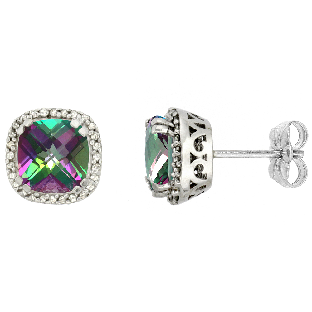 10k White Gold Diamond Halo Natural Mystic Topaz Stud Earrings Cushion Shaped 7x7 mm