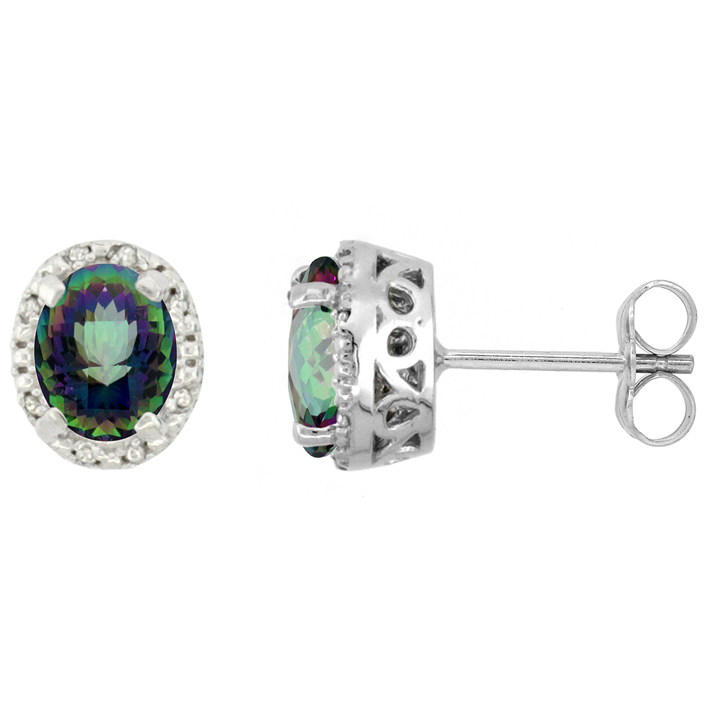 10K White Gold Diamond Halo Natural Mystic Topaz Stud Earrings Oval 7x5 mm