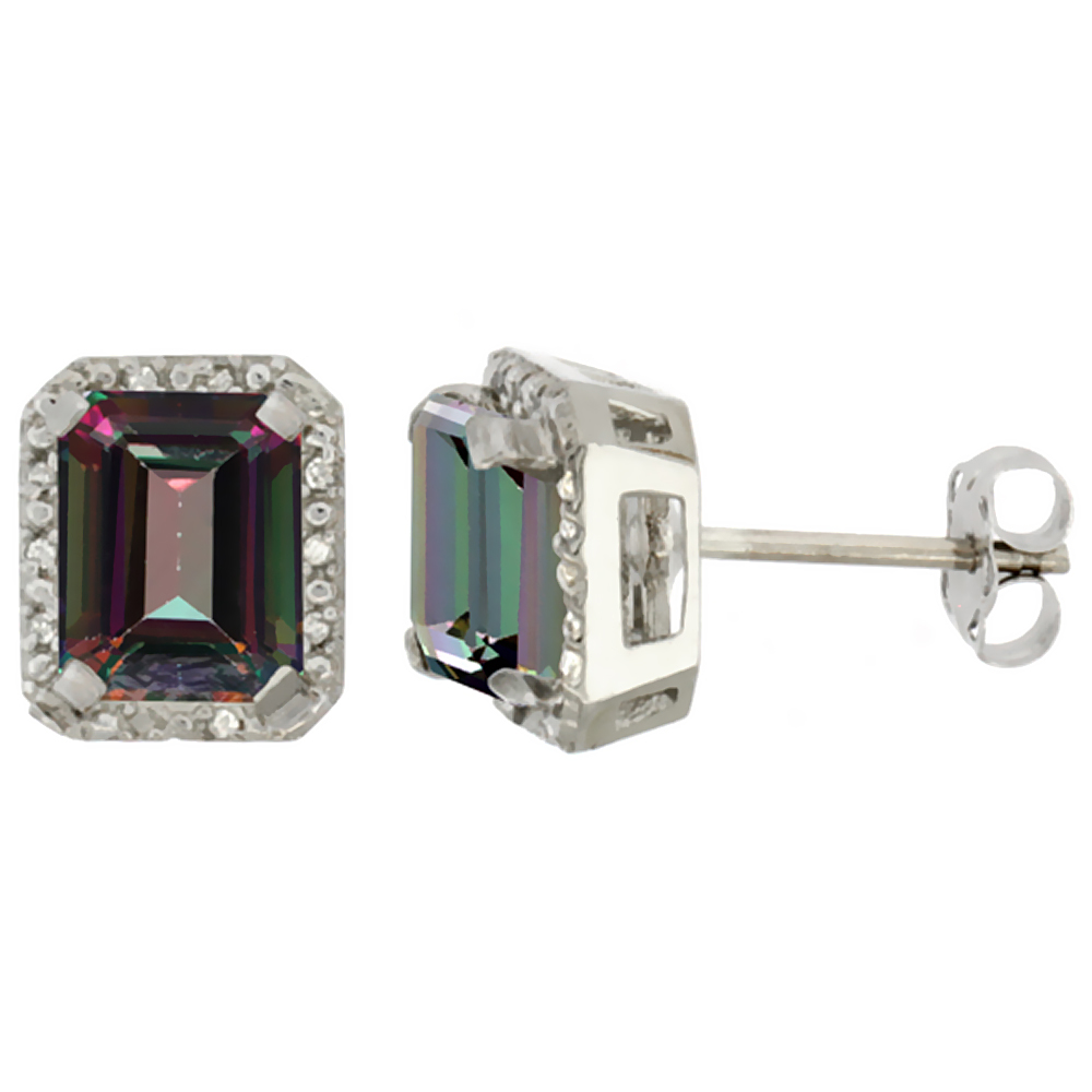 10K White Gold Diamond Natural Mystic Topaz Earrings Octagon 8x6 mm