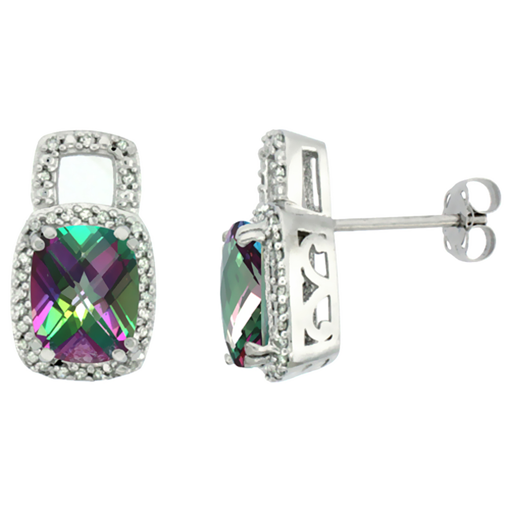 10K WHITE GOLD DIAMOND NATURAL MYSTIC TOPAZ EARRINGS OCTAGON CUSHION 8X6 MM