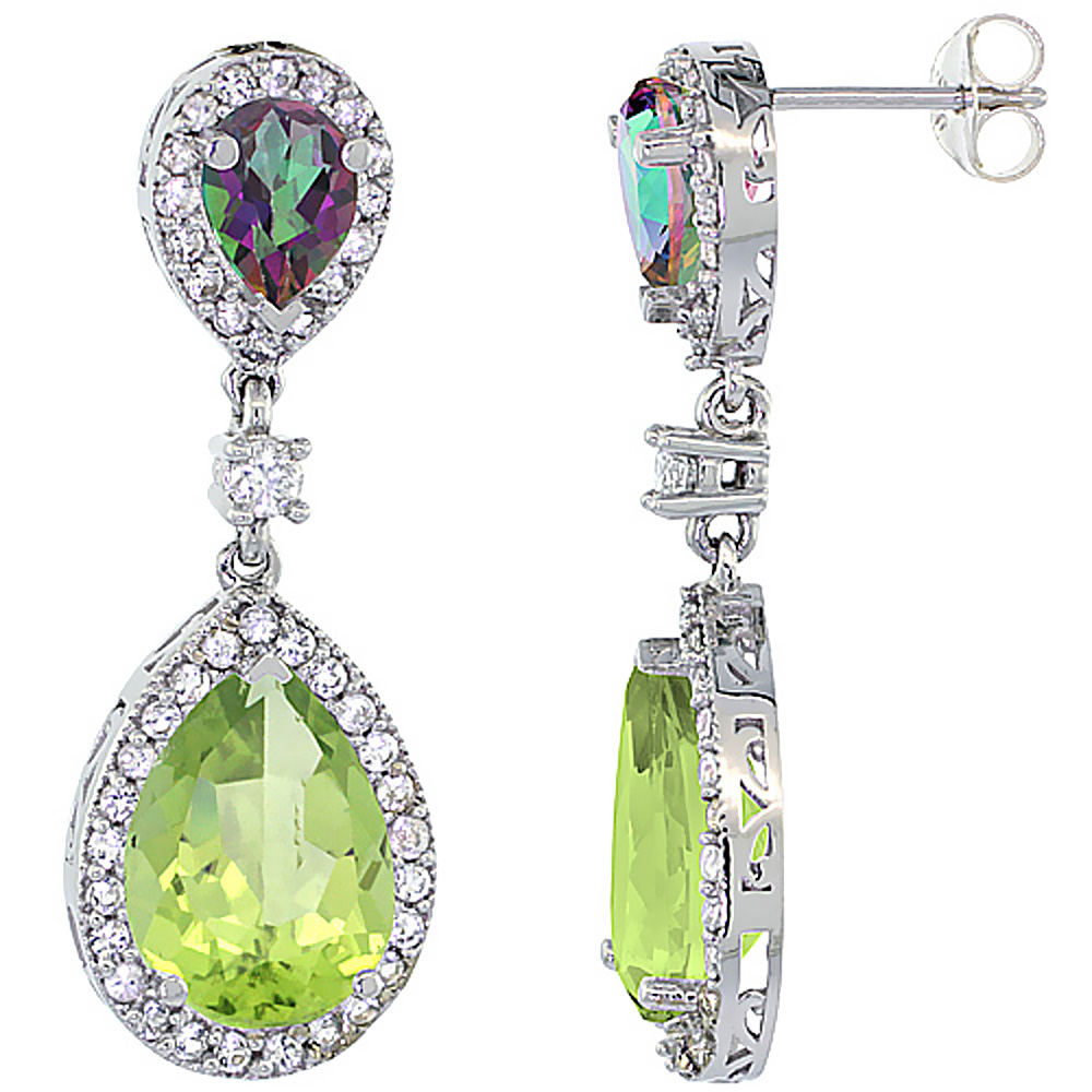 14K WHITE GOLD NATURAL PERIDOT & MYSTIC TOPAZ TEARDROP EARRINGS WHITE SAPPHIRE & DIAMOND