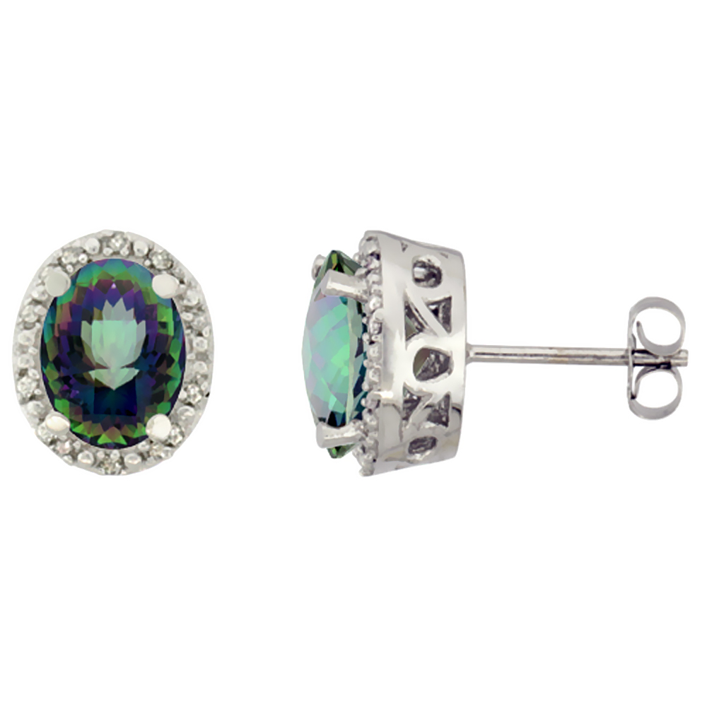10K WHITE GOLD GENUINE MYSTIC TOPAZ STUD EARRINGS DIAMOND HALO OVAL 8X6 MM