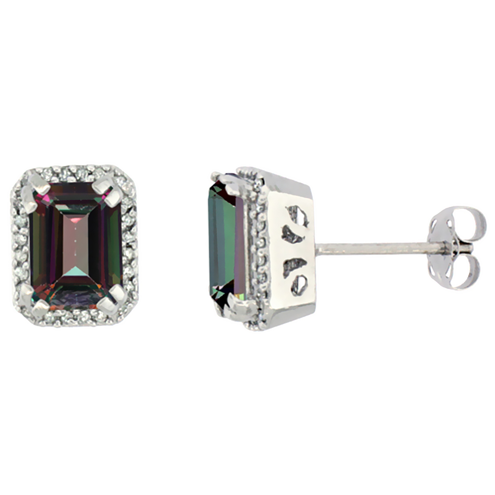 10K White Gold Diamond Natural Mystic Topaz Earrings Octagon 7x5 mm