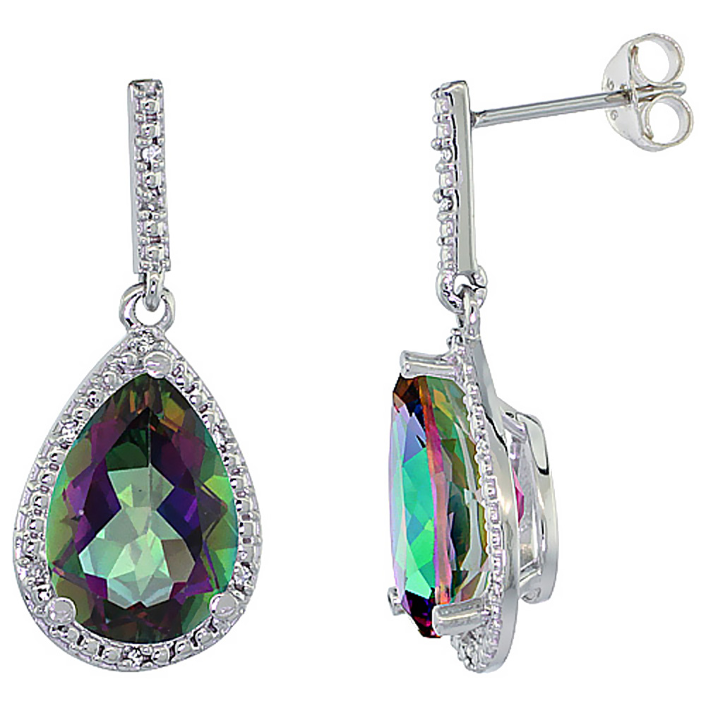 10K White Gold Diamond Halo Natural Mystic Topaz Dangle Earrings Pear Shaped 12x8 mm