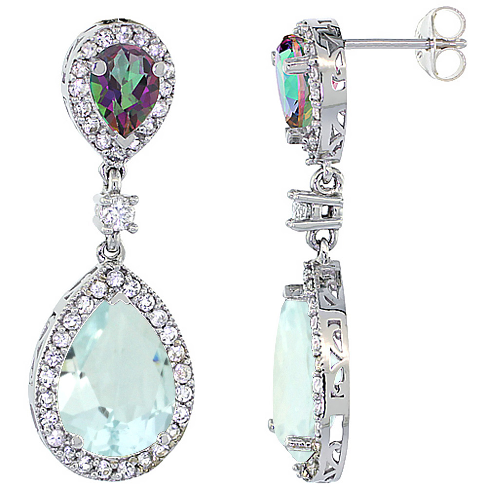 14K White Gold Natural Aquamarine &amp; Mystic Topaz Teardrop Earrings White Sapphire &amp; Diamond