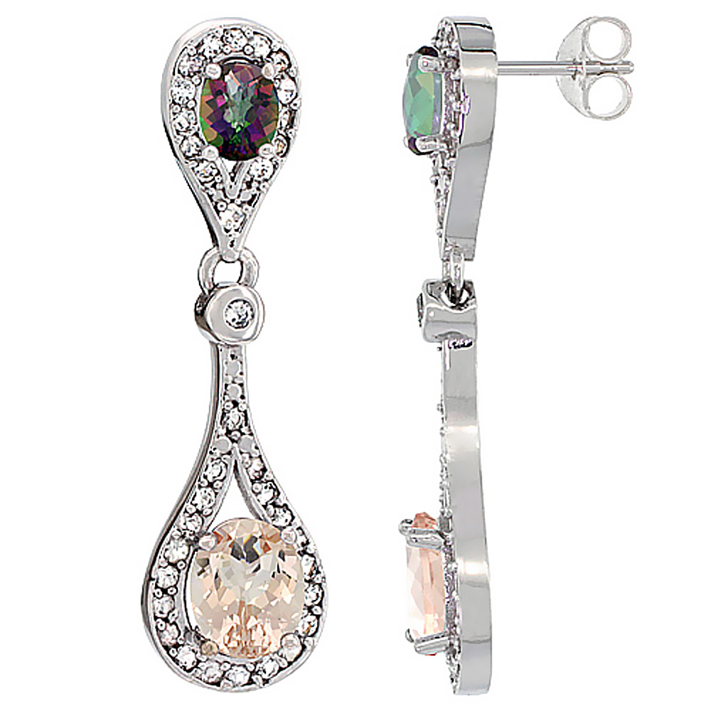 14K WHITE GOLD NATURAL MORGANITE & MYSTIC TOPAZ OVAL DANGLING EARRINGS WHITE SAPPHIRE & DIAMOND ACCENTS, 1 3/8 INCHES LONG