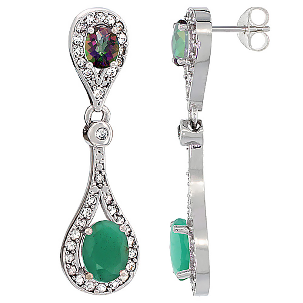 14K WHITE GOLD NATURAL EMERALD & MYSTIC TOPAZ OVAL DANGLING EARRINGS WHITE SAPPHIRE & DIAMOND ACCENTS, 1 3/8 INCHES LONG