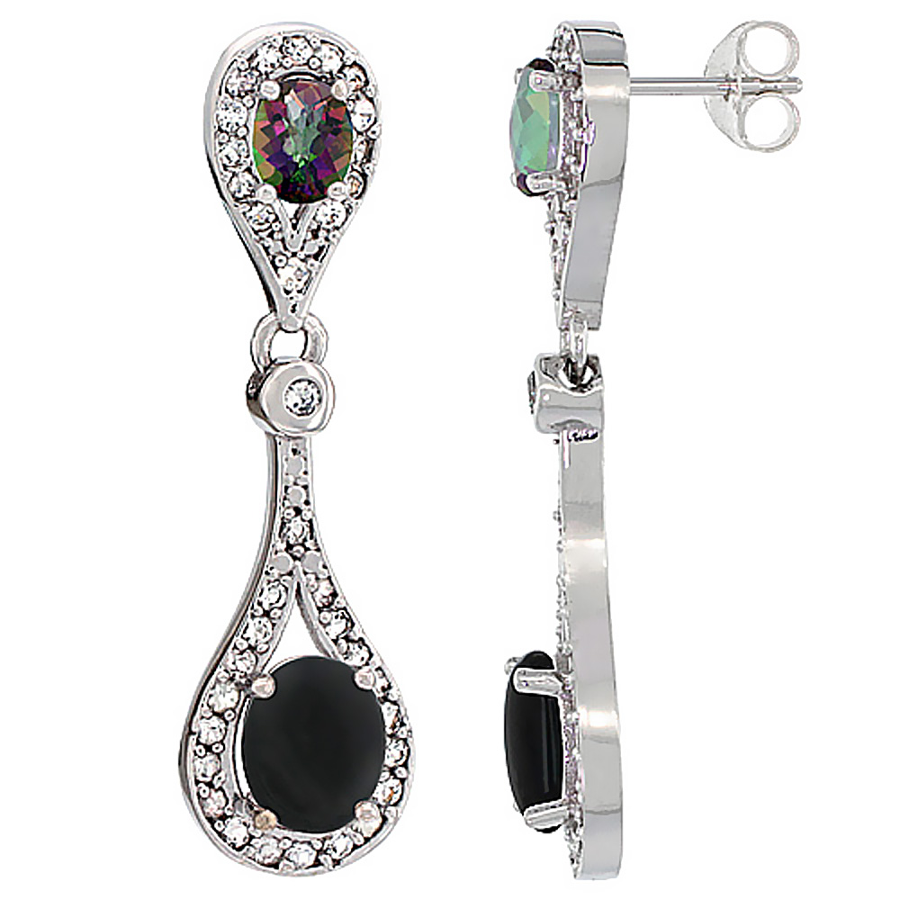 14K WHITE GOLD NATURAL BLACK ONYX & MYSTIC TOPAZ OVAL DANGLING EARRINGS WHITE SAPPHIRE & DIAMOND ACCENTS, 1 3/8 INCHES LONG