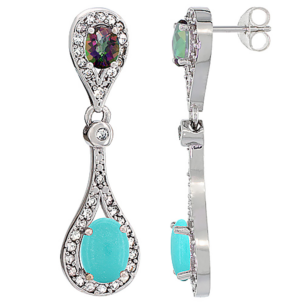 14K WHITE GOLD NATURAL TURQUOISE & MYSTIC TOPAZ OVAL DANGLING EARRINGS WHITE SAPPHIRE & DIAMOND ACCENTS, 1 3/8 INCHES LONG