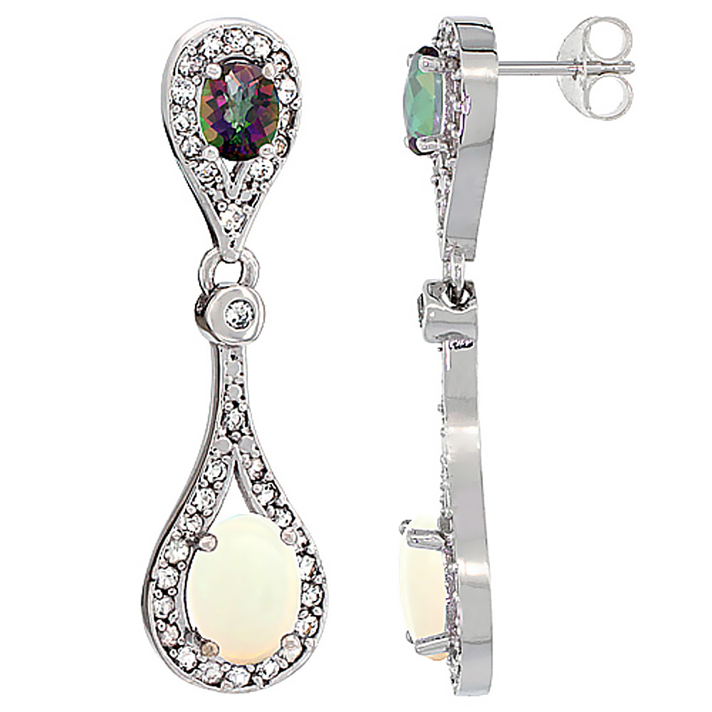 14K WHITE GOLD NATURAL OPAL & MYSTIC TOPAZ OVAL DANGLING EARRINGS WHITE SAPPHIRE & DIAMOND ACCENTS, 1 3/8 INCHES LONG