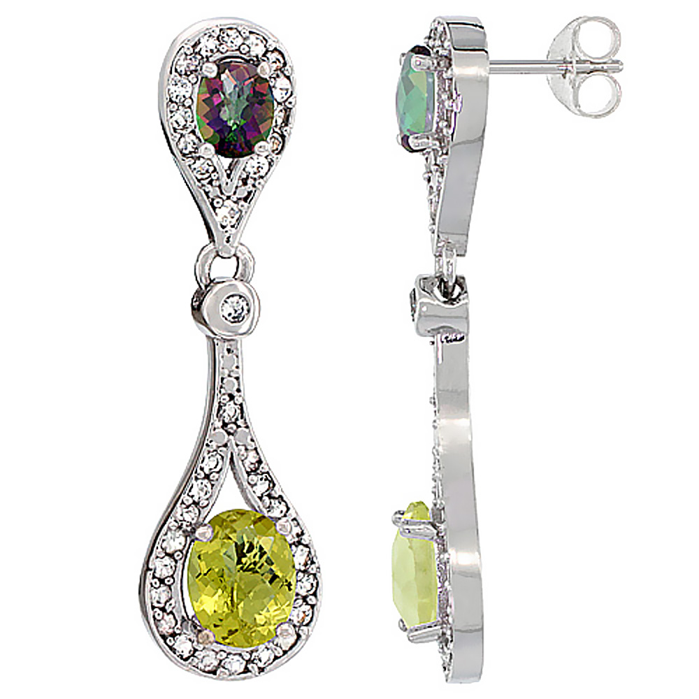 10K White Gold Natural Lemon Quartz & Mystic Topaz Oval Dangling Earrings White Sapphire & Diamond Accents, 1 3/8 inches long