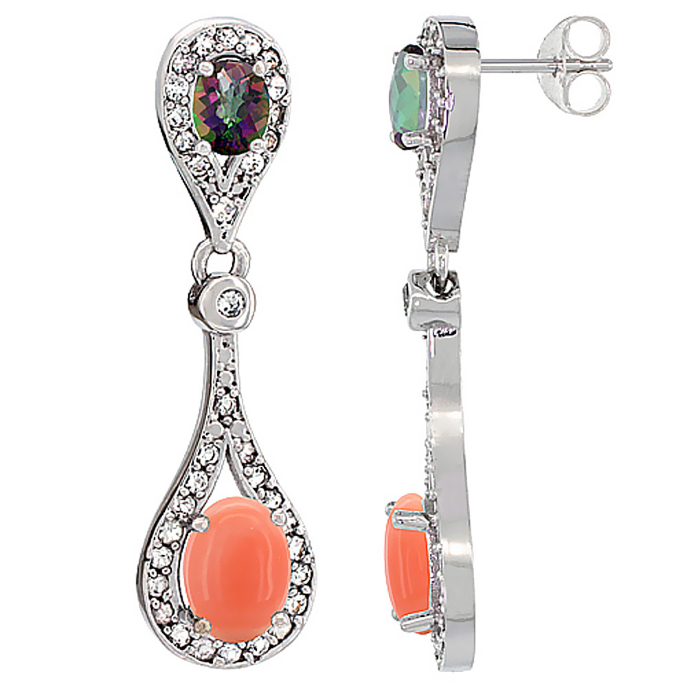 14K WHITE GOLD NATURAL CORAL & MYSTIC TOPAZ OVAL DANGLING EARRINGS WHITE SAPPHIRE & DIAMOND ACCENTS, 1 3/8 INCHES LONG