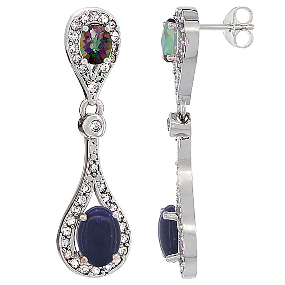 14K WHITE GOLD NATURAL LAPIS & MYSTIC TOPAZ OVAL DANGLING EARRINGS WHITE SAPPHIRE & DIAMOND ACCENTS, 1 3/8 INCHES LONG