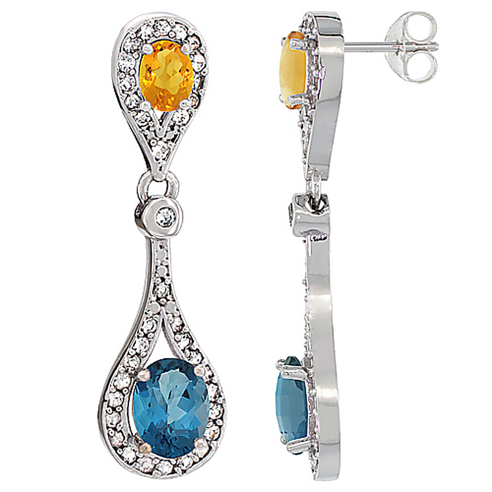 14K WHITE GOLD NATURAL LONDON BLUE TOPAZ & CITRINE OVAL DANGLING EARRINGS WHITE SAPPHIRE & DIAMOND ACCENTS, 1 3/8 INCHES LONG