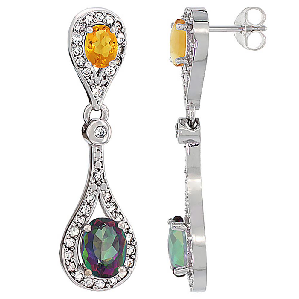 14K WHITE GOLD NATURAL MYSTIC TOPAZ & CITRINE OVAL DANGLING EARRINGS WHITE SAPPHIRE & DIAMOND ACCENTS, 1 3/8 INCHES LONG