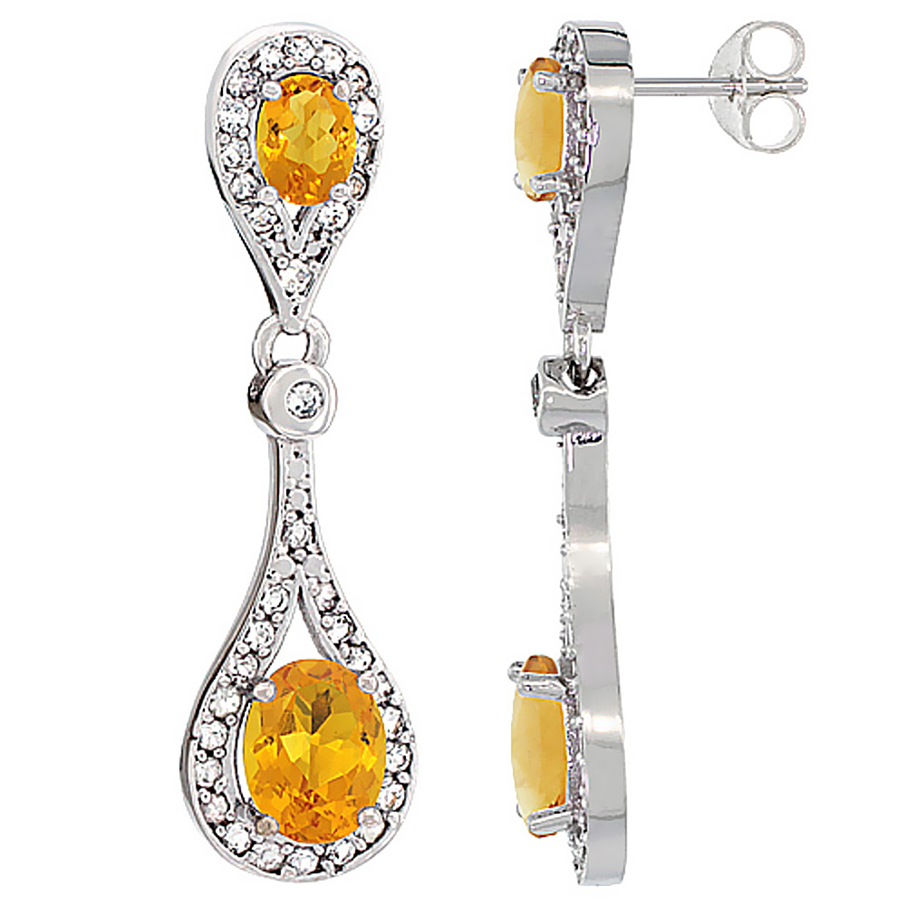 14K WHITE GOLD NATURAL CITRINE OVAL DANGLING EARRINGS WHITE SAPPHIRE & DIAMOND ACCENTS, 1 3/8 INCHES LONG