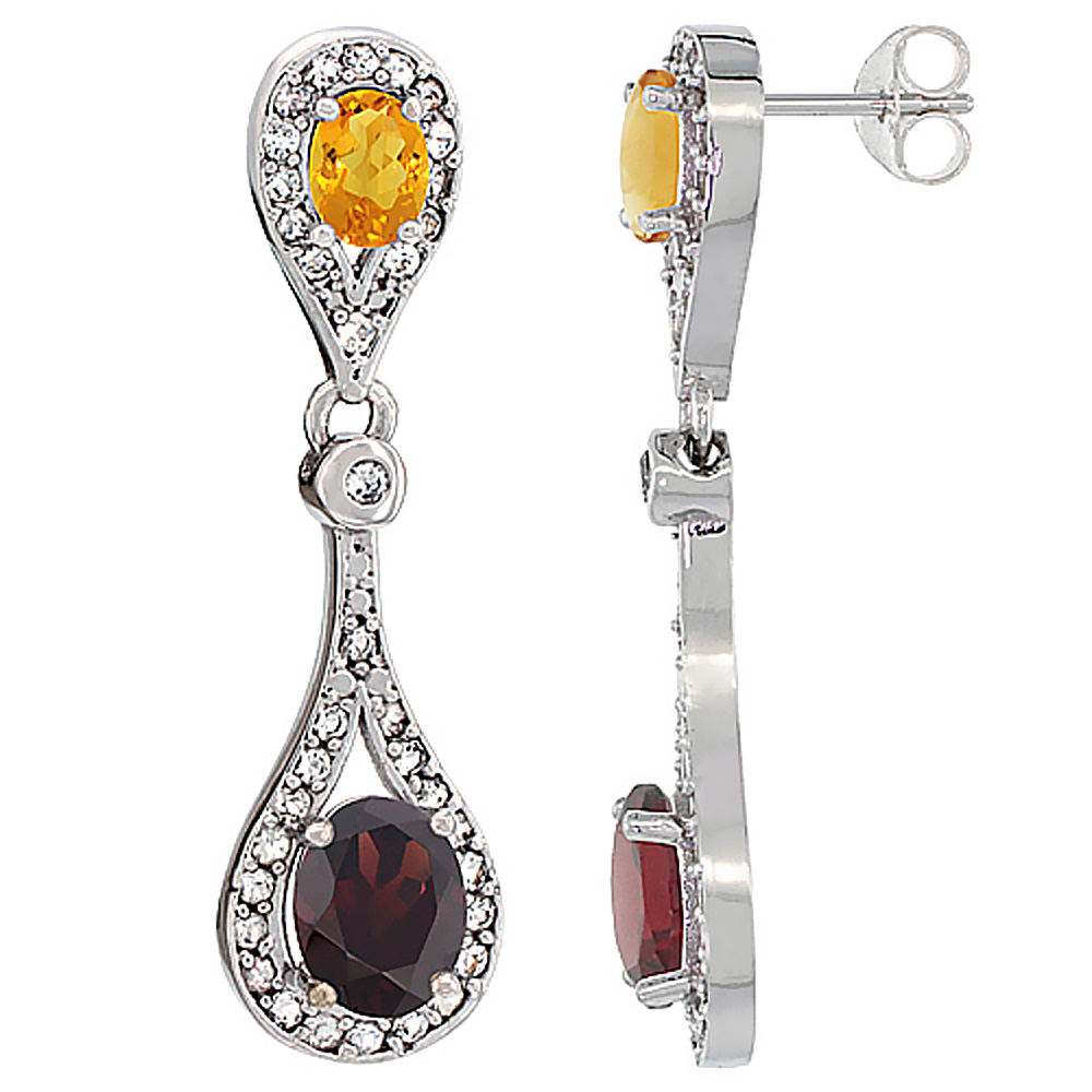 14K WHITE GOLD NATURAL GARNET & CITRINE OVAL DANGLING EARRINGS WHITE SAPPHIRE & DIAMOND ACCENTS, 1 3/8 INCHES LONG