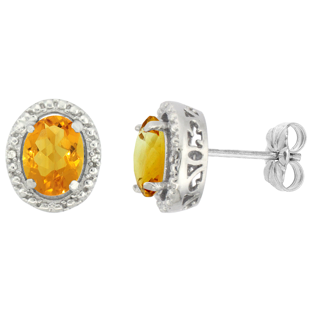 10K WHITE GOLD 0.01 CTTW DIAMOND NATURAL CITRINE POST EARRINGS OVAL 7X5 MM