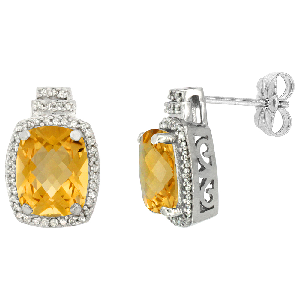 10K White Gold 0.29 cttw Diamond Natural Citrine Earrings Octagon Cushion 8x6 mm