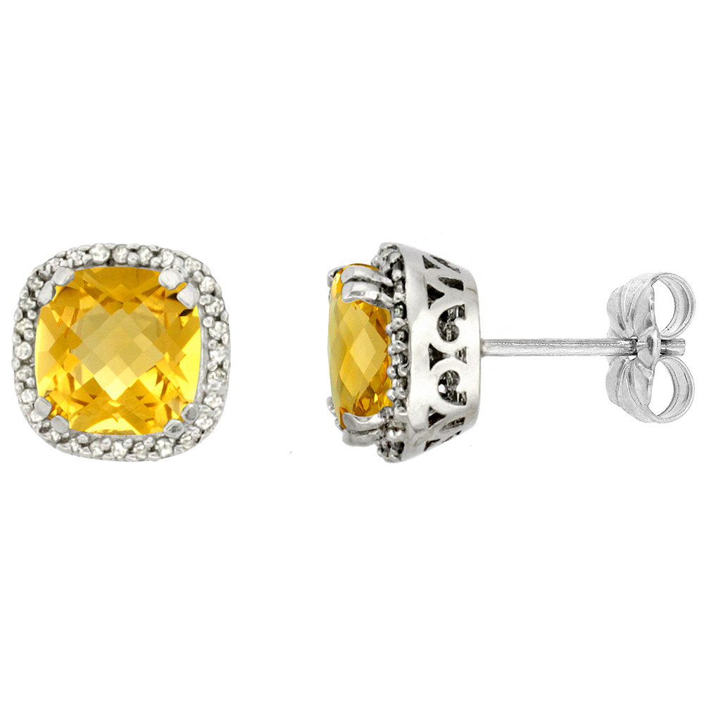 10k White Gold Diamond Halo Natural Citrine Stud Earrings Cushion Shaped 7x7 mm