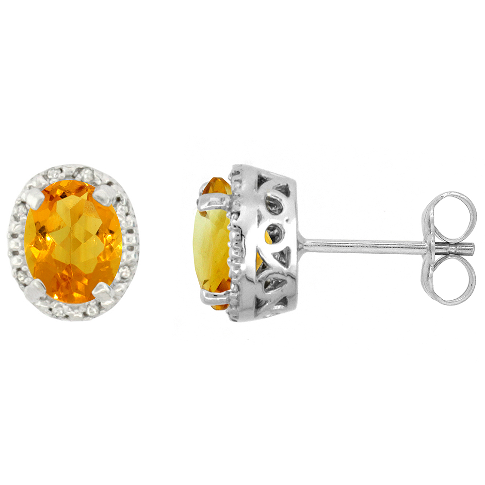 10K White Gold Diamond Halo Natural Citrine Stud Earrings Oval 7x5 mm