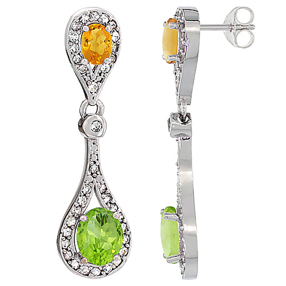 14K WHITE GOLD NATURAL PERIDOT & CITRINE OVAL DANGLING EARRINGS WHITE SAPPHIRE & DIAMOND ACCENTS, 1 3/8 INCHES LONG