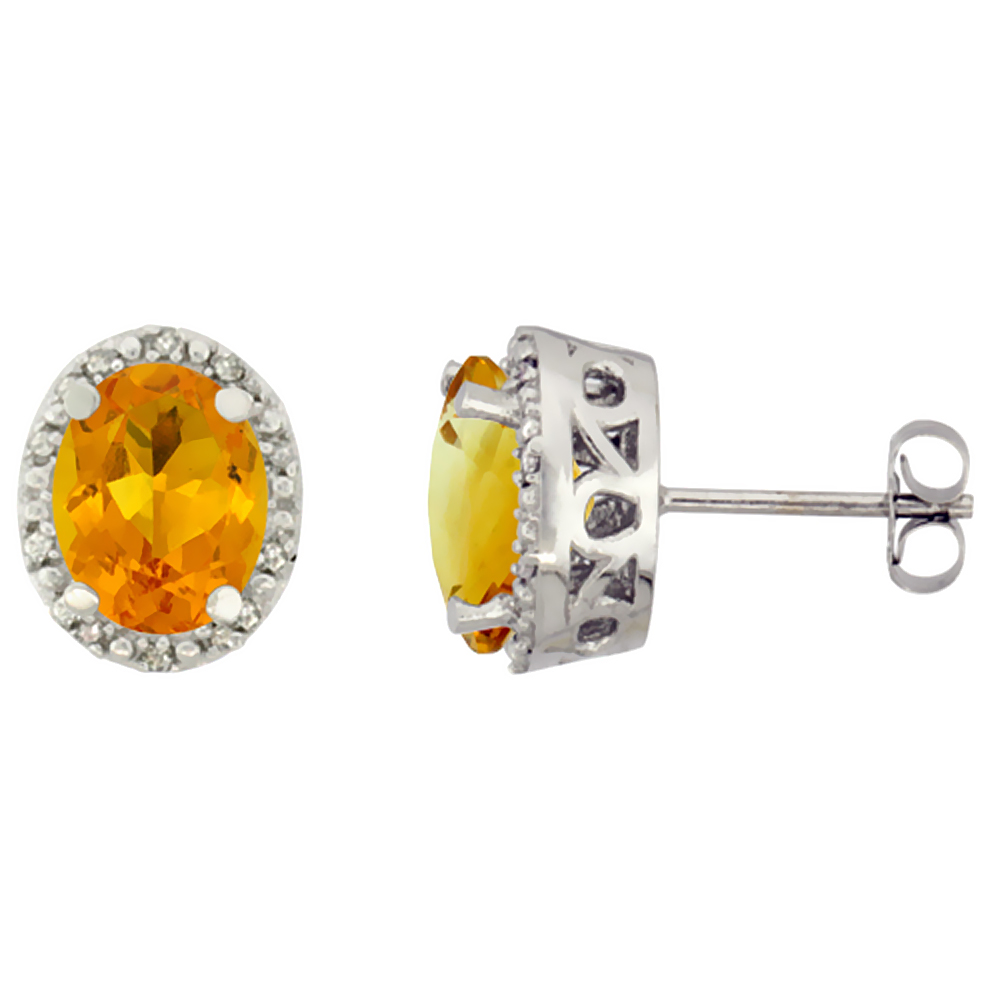 10K White Gold Genuine Citrine Stud Earrings Diamond Halo Oval 8x6 mm