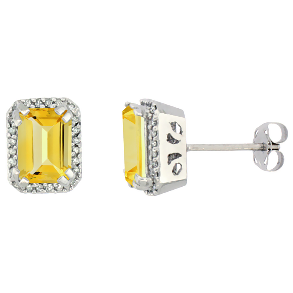 10K WHITE GOLD DIAMOND NATURAL CITRINE EARRINGS OCTAGON 7X5 MM