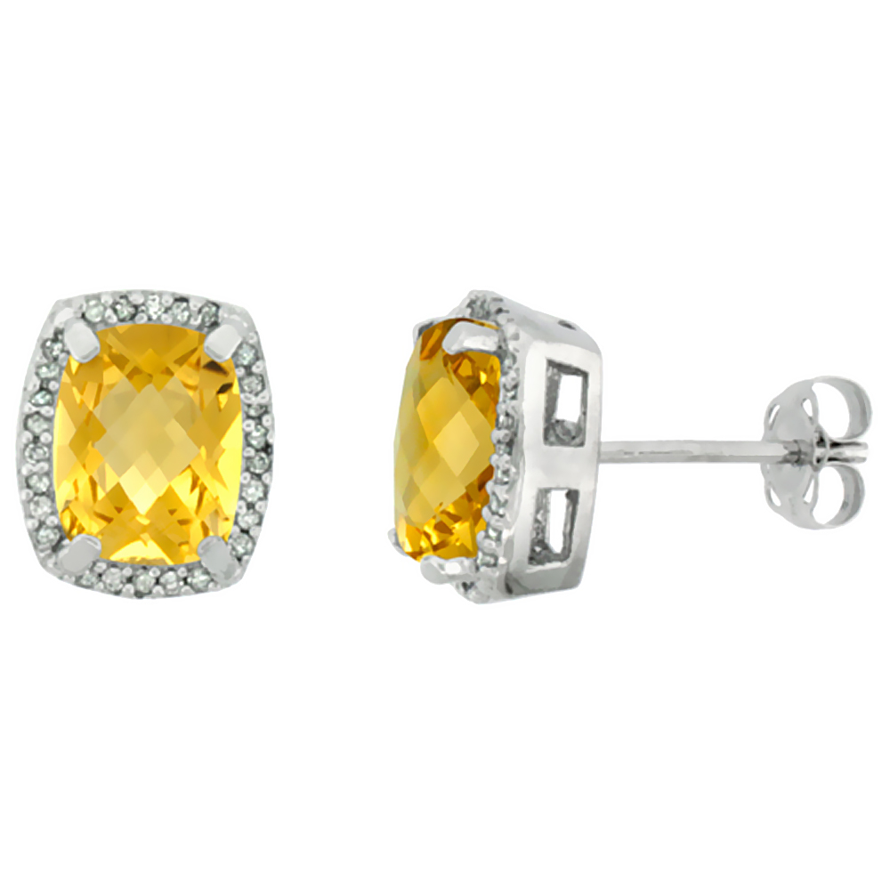 10K White Gold Diamond Natural Citrine Earrings Octagon Cushion 8x6 mm