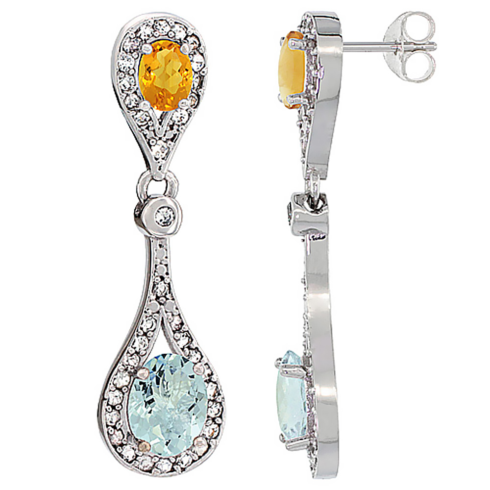 10K White Gold Natural Aquamarine & Citrine Oval Dangling Earrings White Sapphire & Diamond Accents, 1 3/8 inches long
