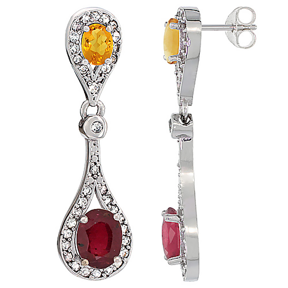 14K WHITE GOLD ENHANCED RUBY & CITRINE OVAL DANGLING EARRINGS WHITE SAPPHIRE & DIAMOND ACCENTS, 1 3/8 INCHES LONG