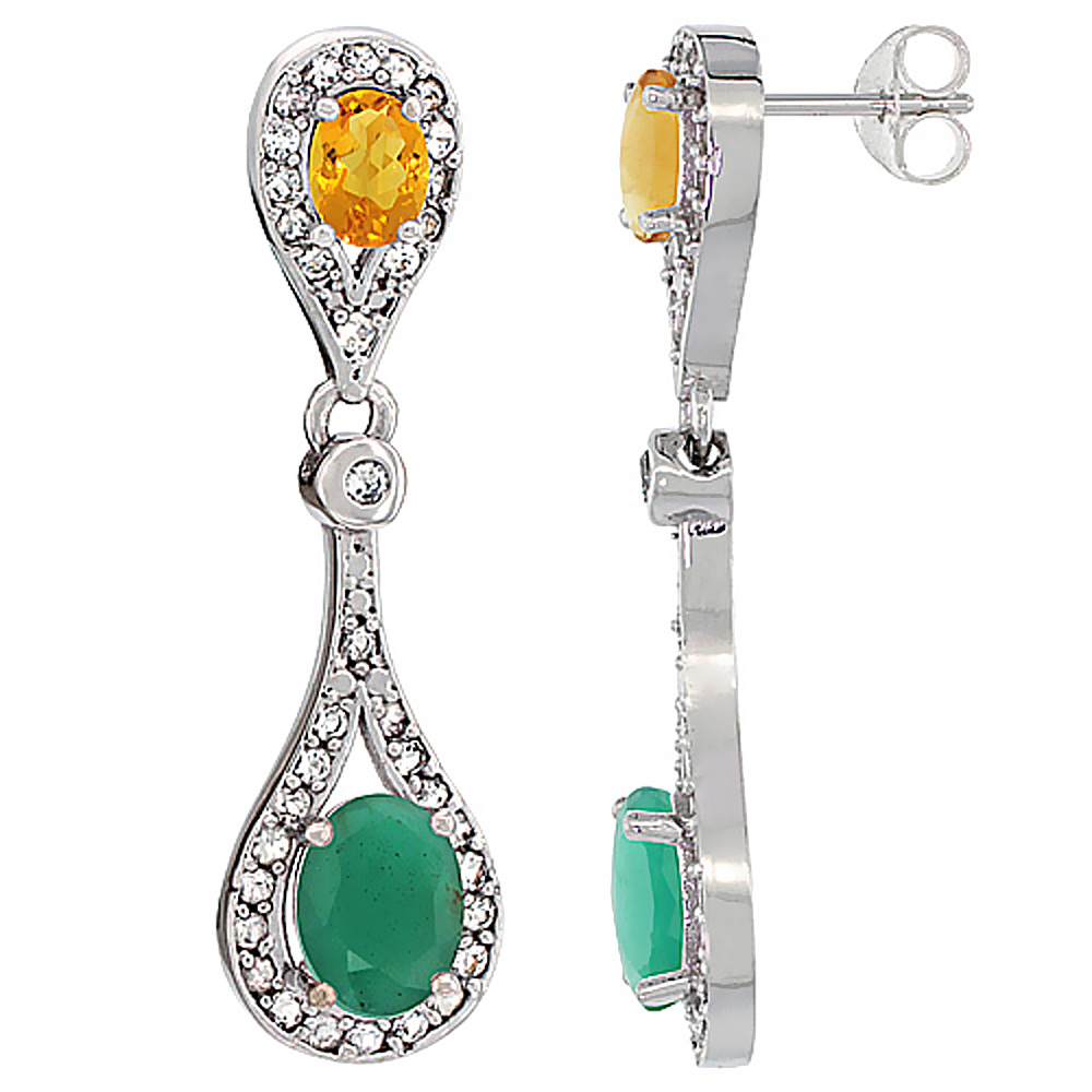 14K WHITE GOLD NATURAL EMERALD & CITRINE OVAL DANGLING EARRINGS WHITE SAPPHIRE & DIAMOND ACCENTS, 1 3/8 INCHES LONG