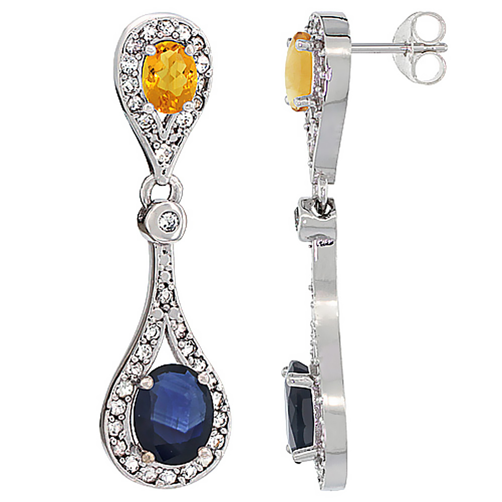 14K WHITE GOLD NATURAL BLUE SAPPHIRE & CITRINE OVAL DANGLING EARRINGS WHITE SAPPHIRE & DIAMOND ACCENTS, 1 3/8 INCHES LONG