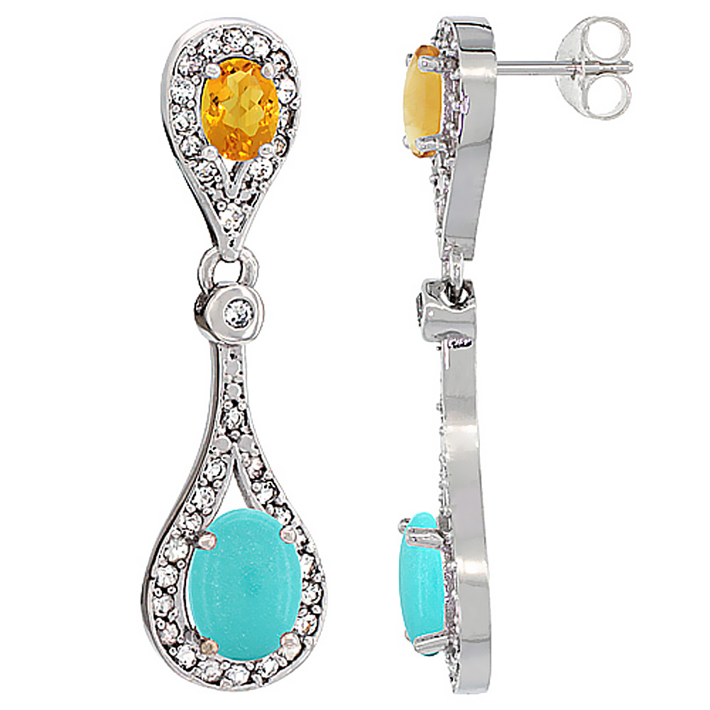 14K WHITE GOLD NATURAL TURQUOISE & CITRINE OVAL DANGLING EARRINGS WHITE SAPPHIRE & DIAMOND ACCENTS, 1 3/8 INCHES LONG