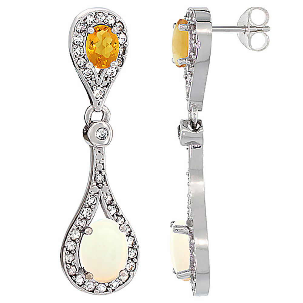 14K WHITE GOLD NATURAL OPAL & CITRINE OVAL DANGLING EARRINGS WHITE SAPPHIRE & DIAMOND ACCENTS, 1 3/8 INCHES LONG