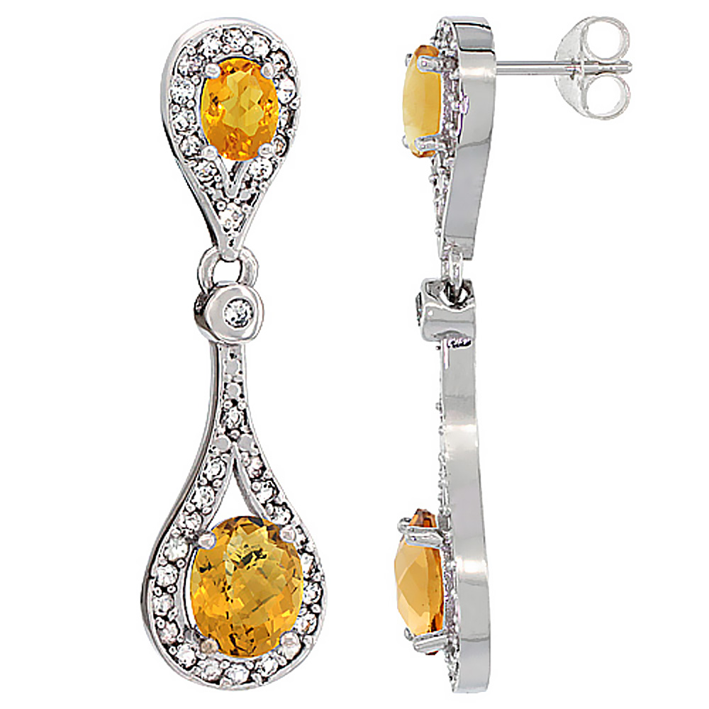 14K WHITE GOLD NATURAL WHISKY QUARTZ & CITRINE OVAL DANGLING EARRINGS WHITE SAPPHIRE & DIAMOND ACCENTS, 1 3/8 INCHES LONG