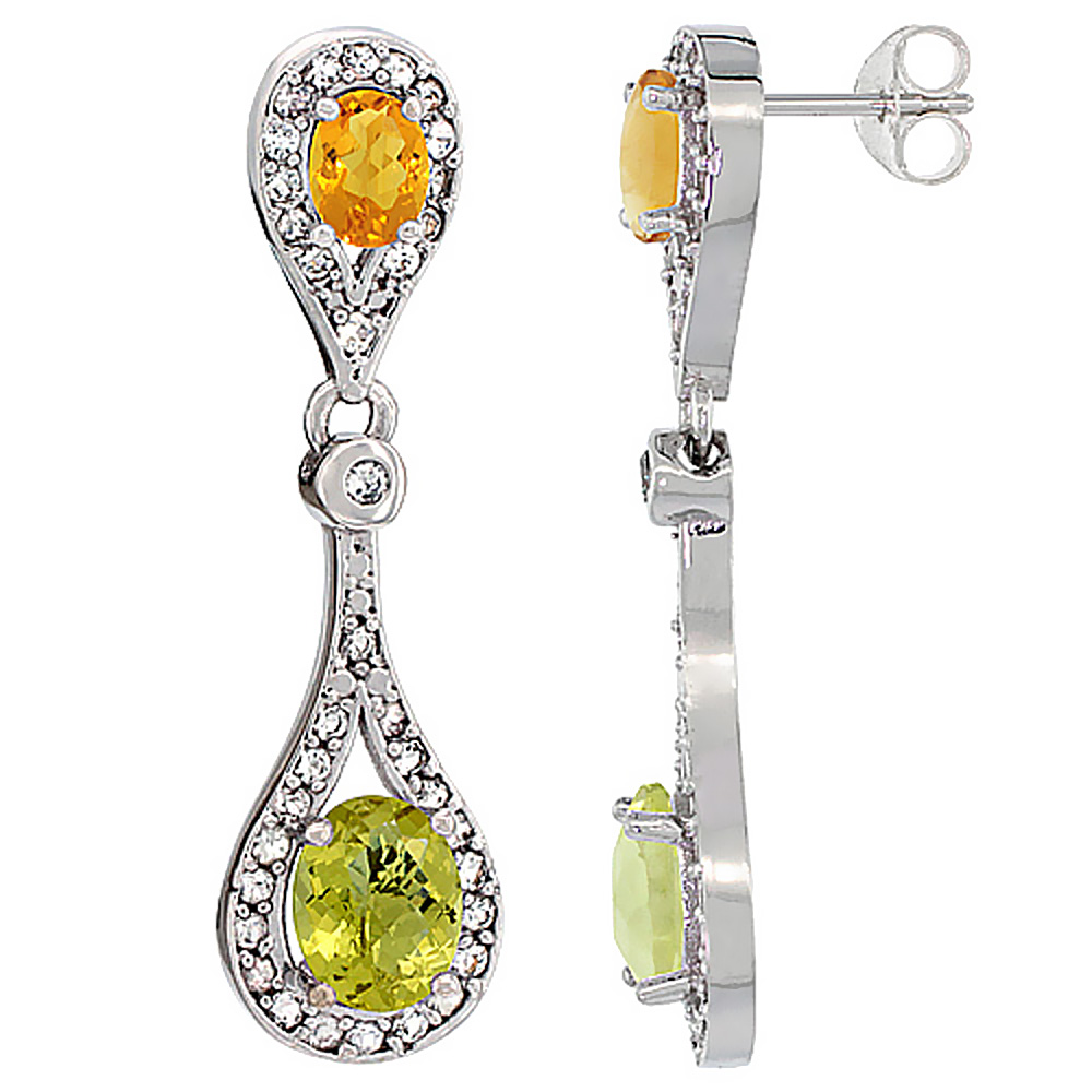 14K WHITE GOLD NATURAL LEMON QUARTZ & CITRINE OVAL DANGLING EARRINGS WHITE SAPPHIRE & DIAMOND ACCENTS, 1 3/8 INCHES LONG