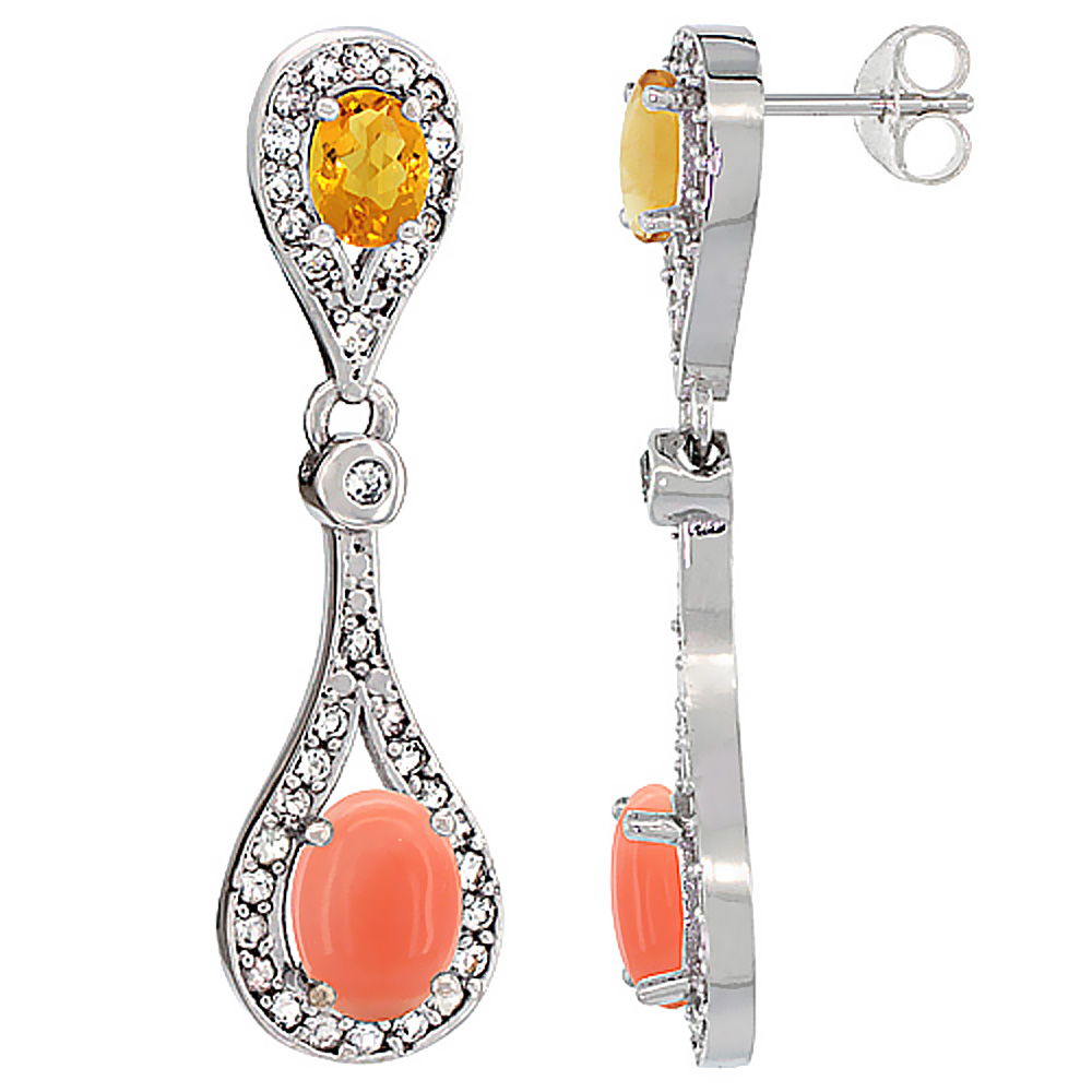 14K WHITE GOLD NATURAL CORAL & CITRINE OVAL DANGLING EARRINGS WHITE SAPPHIRE & DIAMOND ACCENTS, 1 3/8 INCHES LONG